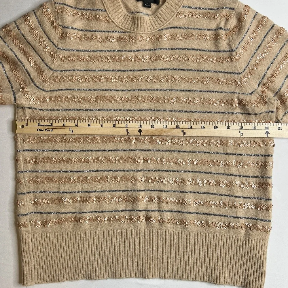 J CREW Soft Retro Beige Silver Metallic Gold Sequin Stripe Knit Sweater Sz LARGE